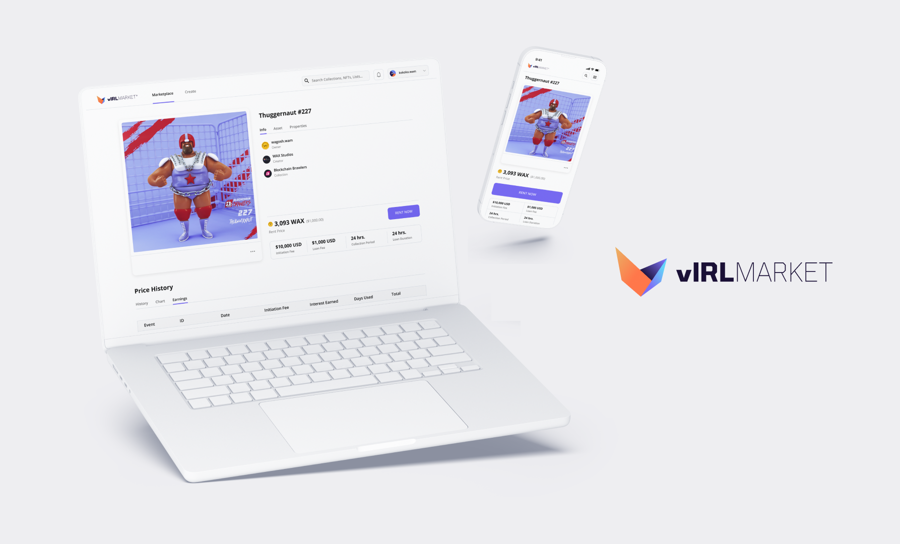 vIRL Market NFT marketplace on laptop and phone